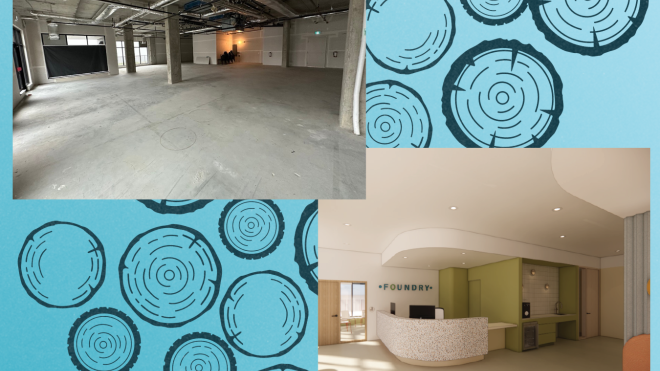 Light blue background with two images, one of Foundry Burnaby's concrete shell and the other a rendering of Foundry Burnaby's reception space.